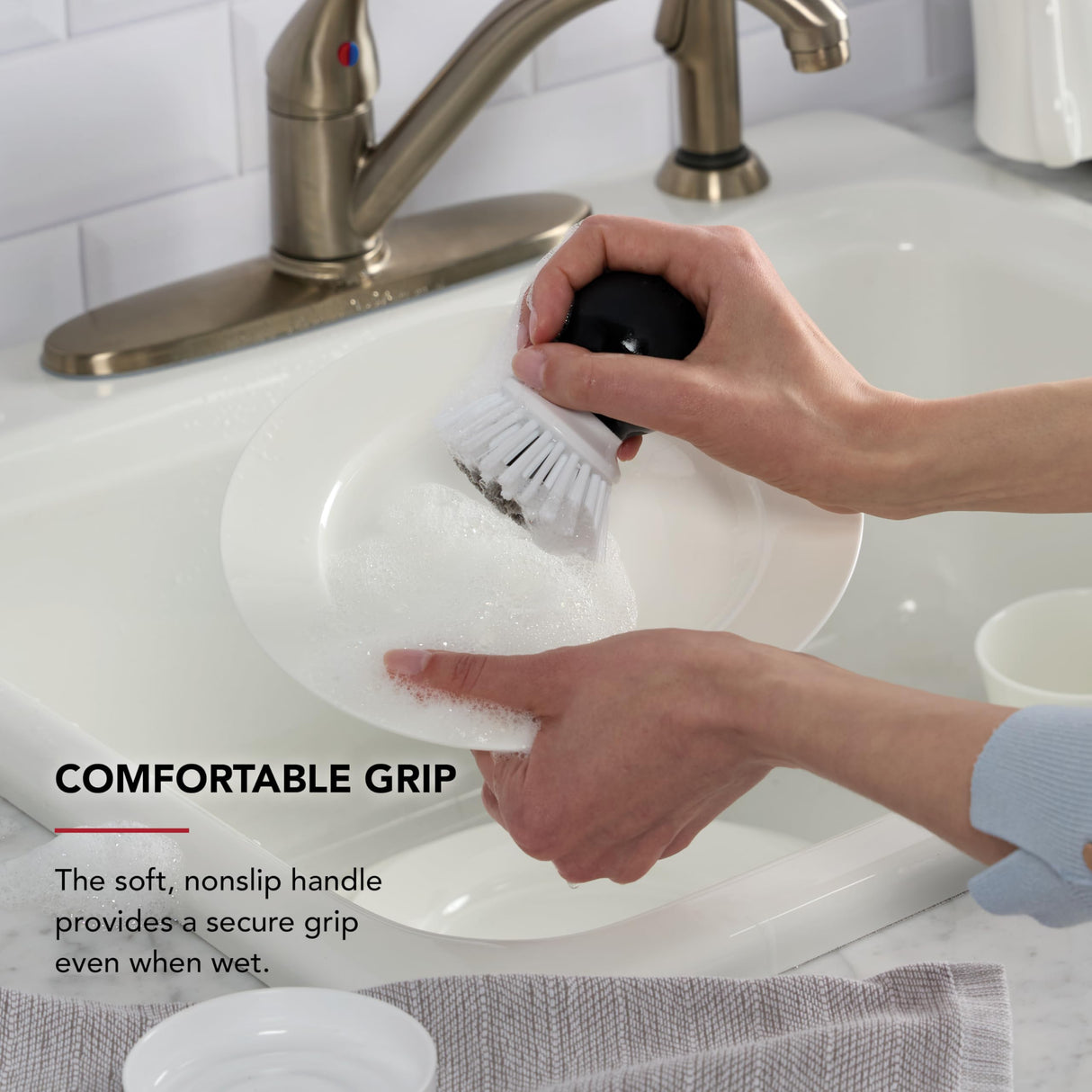 KitchenAid Palm Brush With Dish Tray to Keep Countertops Dry and Clean, Durable Nylon Bristles for Tough Cleaning, Dishwasher Safe, 2-Piece, Black KitchenAid