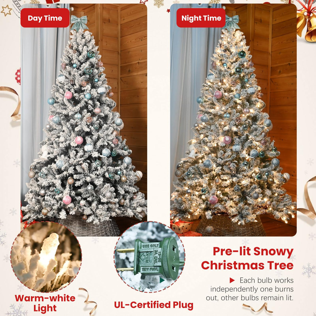 Maylaviu 8 ft Flocked Christmas Tree Prelit, Snow Frosted Artificial Christmas Tree with 700 UL Lights, Pine Cones & 1754 Tips, Auto Hinged Easy Setup Full Prelighted Large Christmas Tree Maylaviu