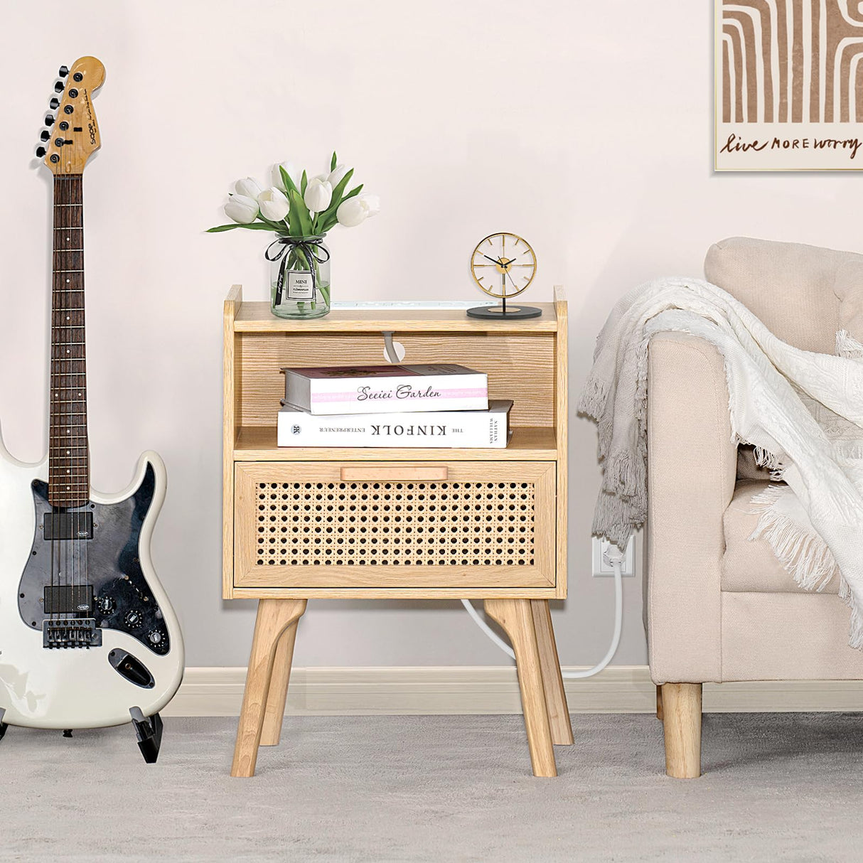 Lerliuo Rattan Nightstand with Charging Station, Boho Side Table with Drawer Open Shelf, Cane Accent Bedside End Table with Solid Wood Legs for Bedroom, Dorm and Small Spaces Lerliuo