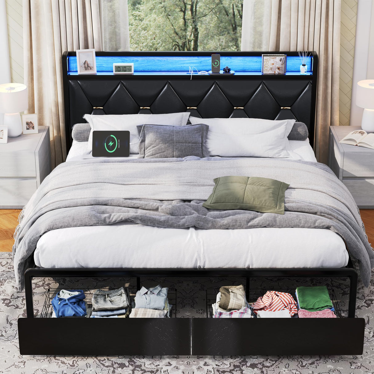 Ailisite King Size Upholstered Bed Frame with LED Headboard, Storage Drawers & Charging Station Ailisite