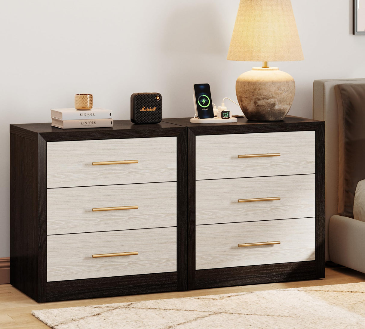 SICOTAS 24" Night Stands Set of 2, Black Nightstand with Charging Station, Large 3 Drawers Nightstand, Tall Mid Century Modern Nightstands Bedroom Bed Side Table for Bedroom Living Room Sofa SICOTAS