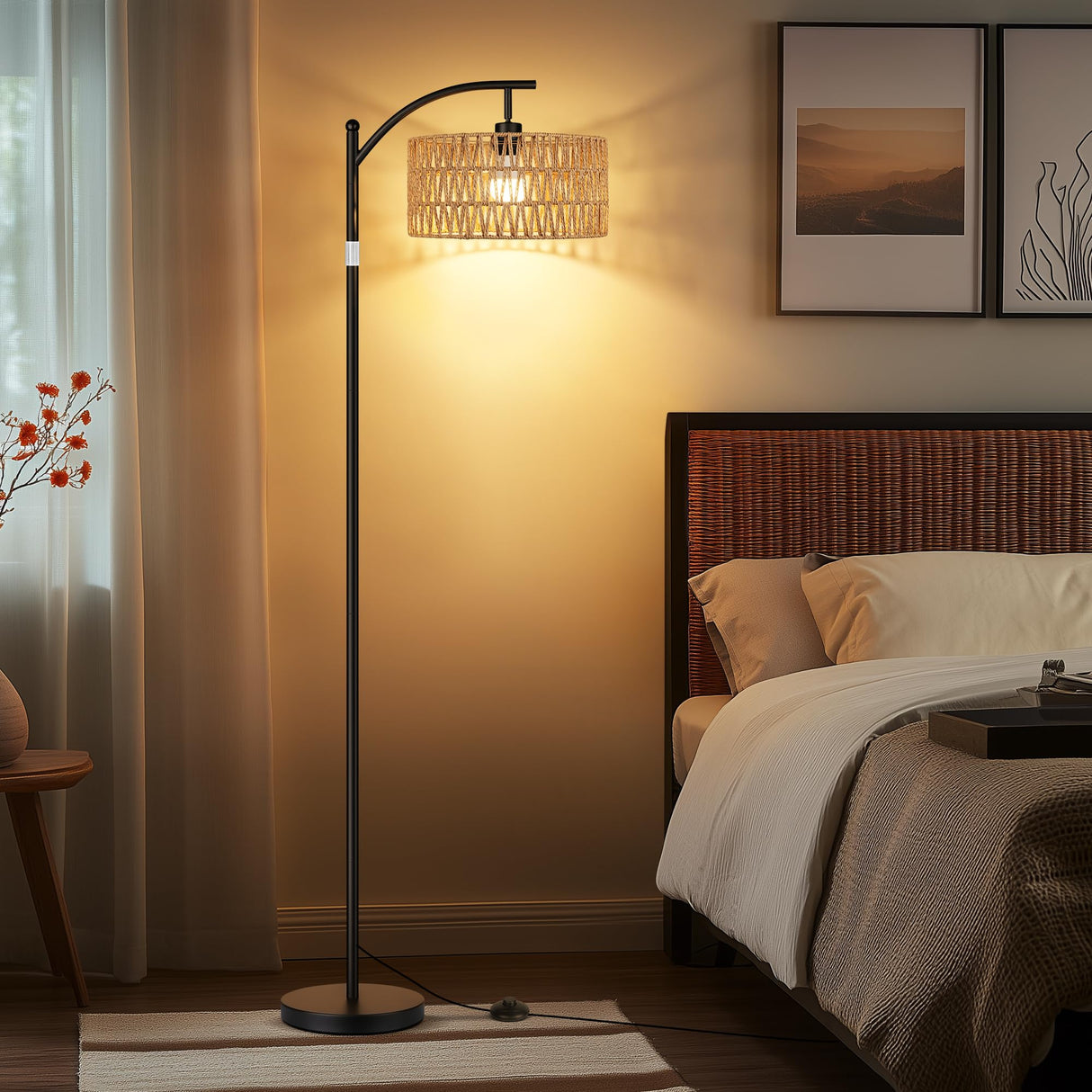 ROTTOGOON Rattan Floor Lamps for Living Room, Boho Standing Lamps with Rattan Shade, Arc Lamps Floor Standing with 9W Bulb, Foot Switch, Black Bohemian Floor Lamps for Bedroom, Office-Drum ROTTOGOON