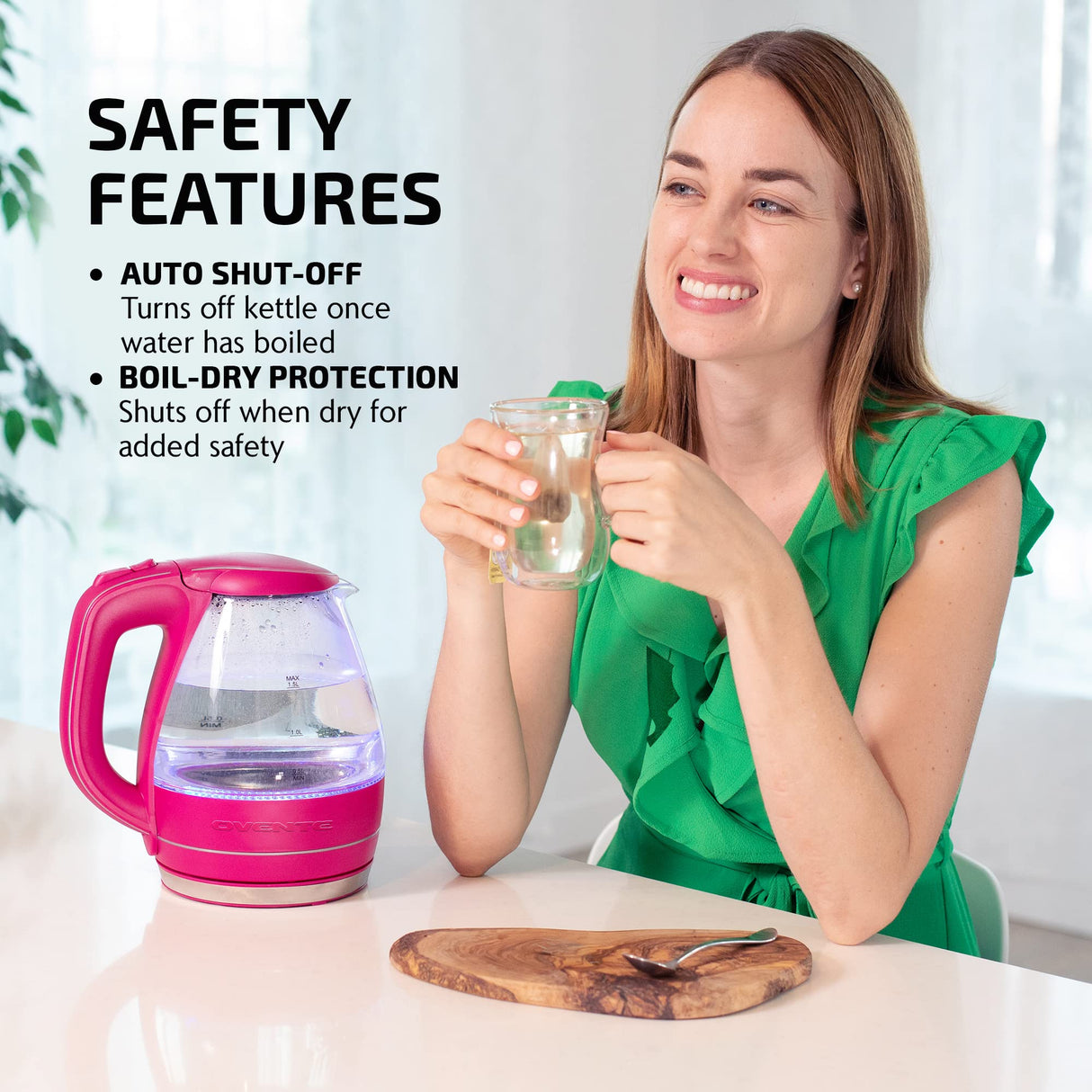 OVENTE Glass Electric Kettle Hot Water Boiler 1.5 Liter Borosilicate Glass Fast Boiling Countertop Heater - BPA Free Auto Shut Off Instant Water Heater Kettle for Coffee & Tea Maker - Pink KG83F OVENTE