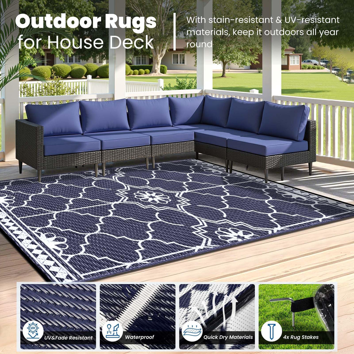 6x9Ft Outdoor Rug, Solar Powered Outdoor Rug with 94LEDs Strip Lights for House Deck, Waterproof Plastic Reversible Outdoor Straw Rugs, Rugs Mat RV Camping Patio Beach Balcony Picnic (Blue White) Capybland