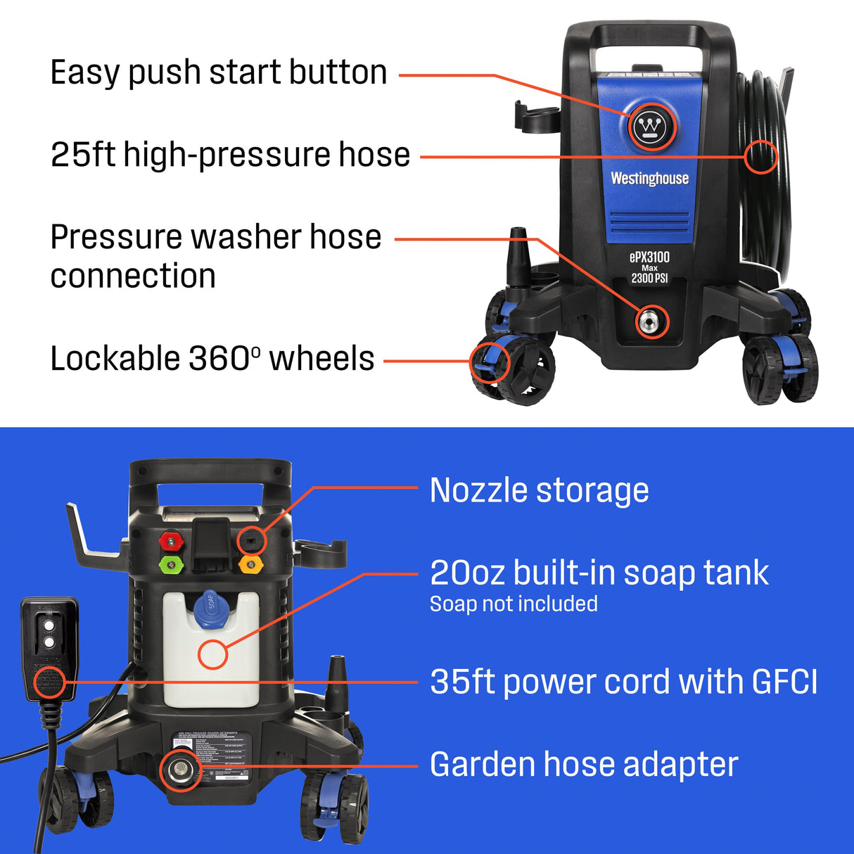 Westinghouse ePX3100 Electric Pressure Washer, 2300 Max PSI 1.76 Max GPM with Anti-Tipping Technology, Onboard Soap Tank, Pro-Style Steel Wand, 5-Nozzle Set, for Cars/Fences/Driveways/Home/Patios Westinghouse