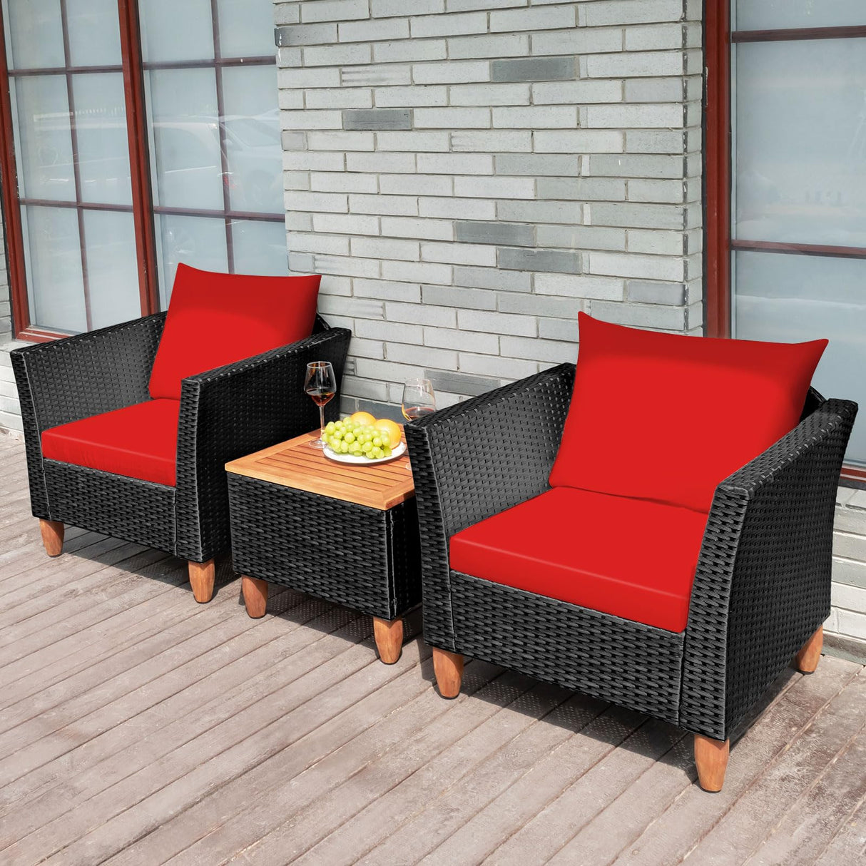 COSTWAY 3PCS Outdoor Patio Rattan Furniture Set Wooden Table Top Cushioned Sofa Red COSTWAY