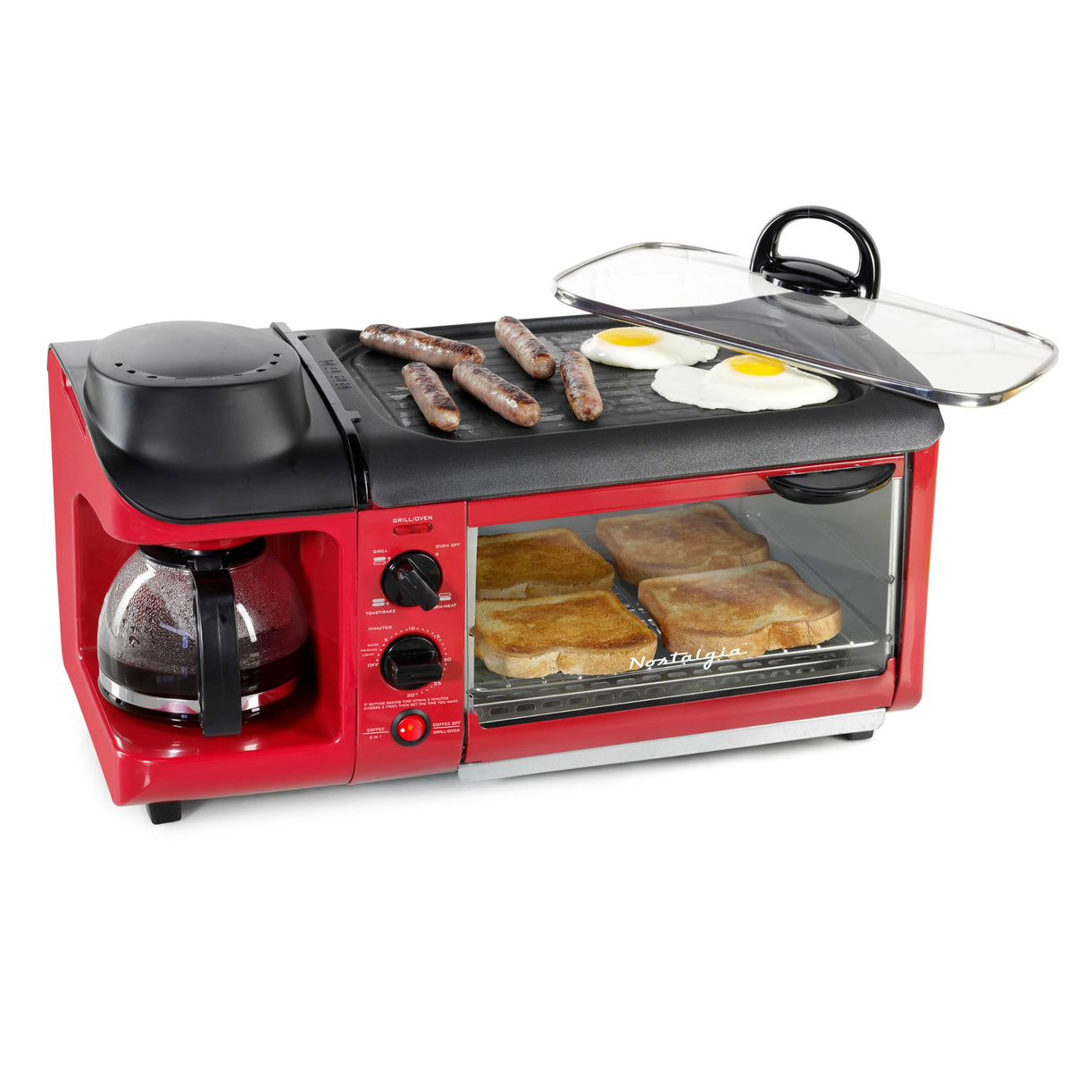 Nostalgia 3-in-1 Breakfast Station - Includes Coffee Maker, Non-Stick Griddle, and 4-Slice Toaster Oven - Versatile Breakfast Maker with Timer - Red Nostalgia