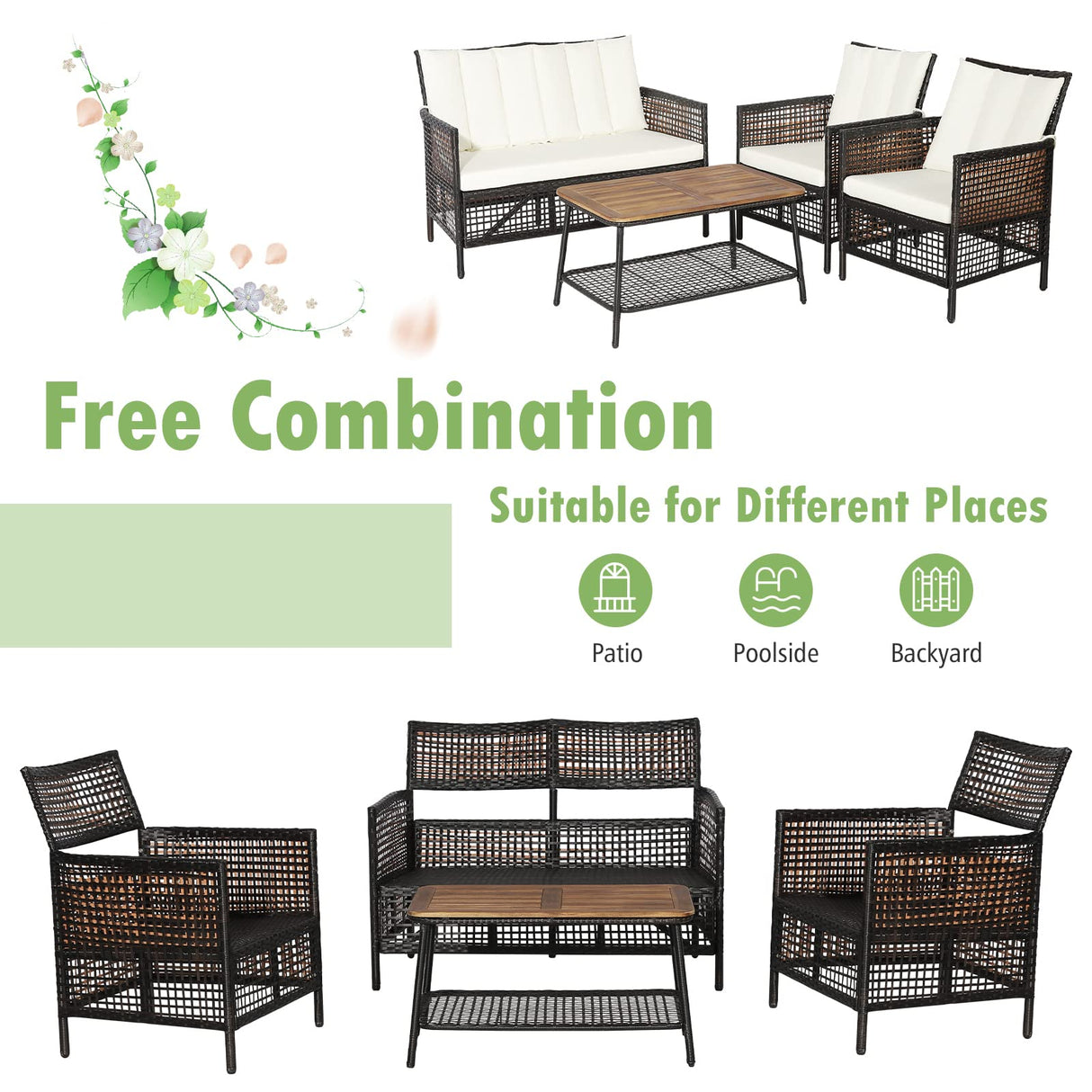 Tangkula 8 Pieces Patio Furniture Set, Outdoor PE Wicker Conversation Set with 2-Tier Coffee Table, Acacia Wood Tabletop & Extra Storage Shelf, Outdoor Furniture Sofa Set w/Cushions (2, Off White) Tangkula