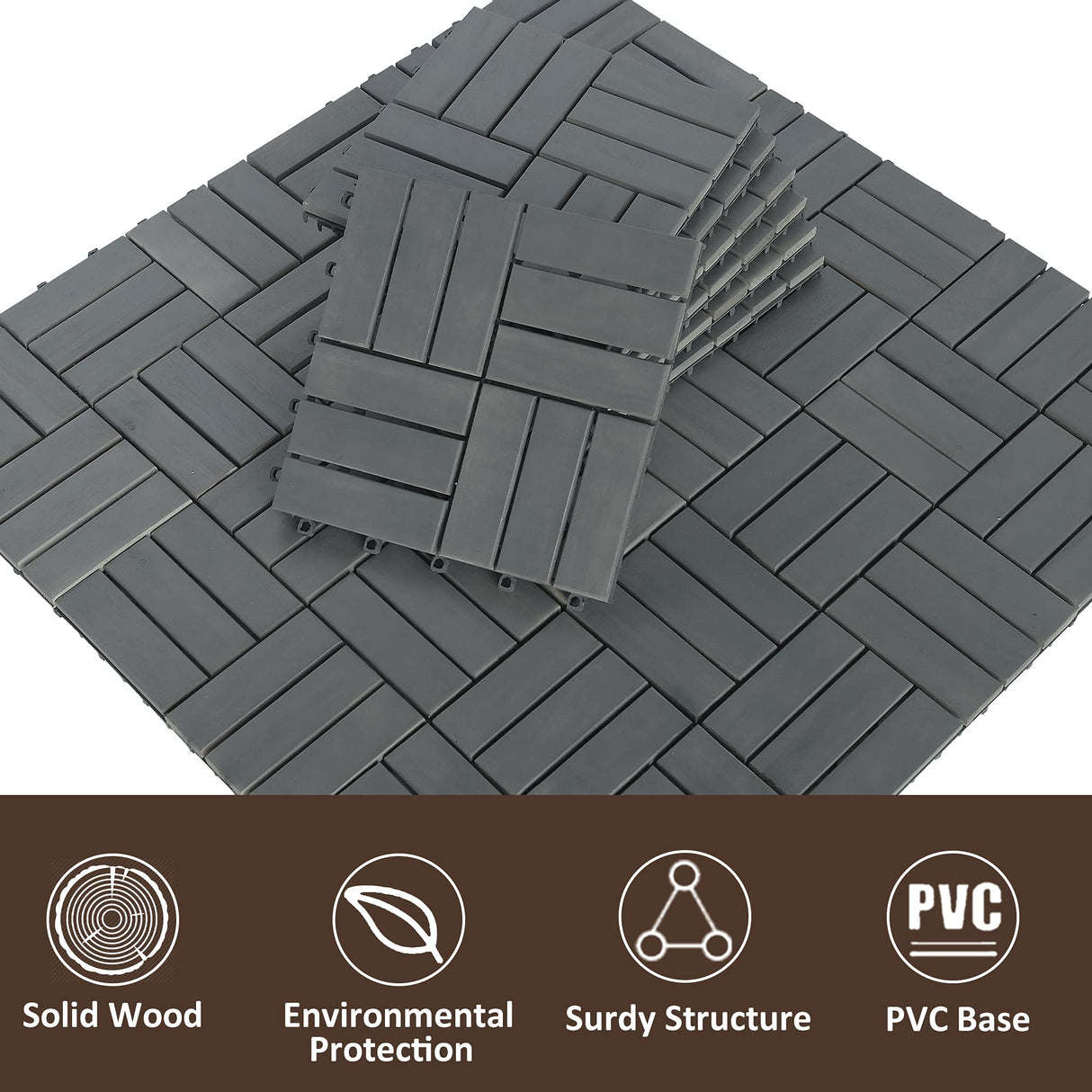 MCombo Interlocking Deck Tiles, Wood Outdoor Flooring, Solid Wood Acacia Deck Tiles for Patio Lawn Garden Balcony and Backyard (Pack of 10, 12" x12") (Light Grey) MCombo