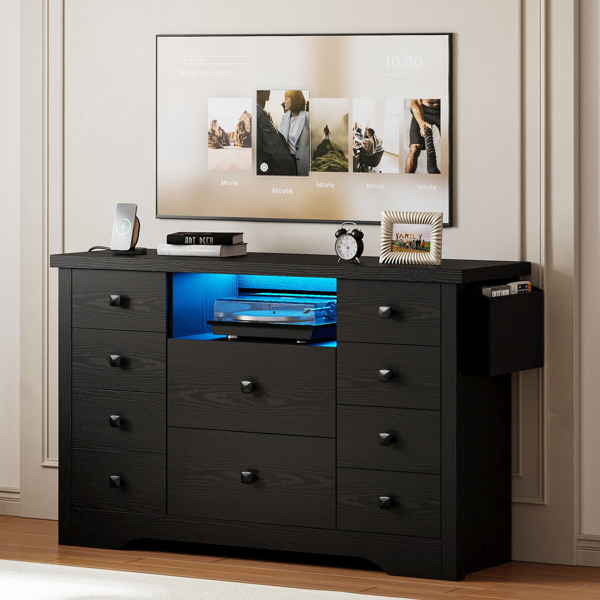 LIKIMIO Dresser with 10 Drawers, Bedroom Wooden Chest of Drawers with LED Lights and Power Outlets, Fabric Side Pocket, TV Stand for Living Room, Black LIKIMIO