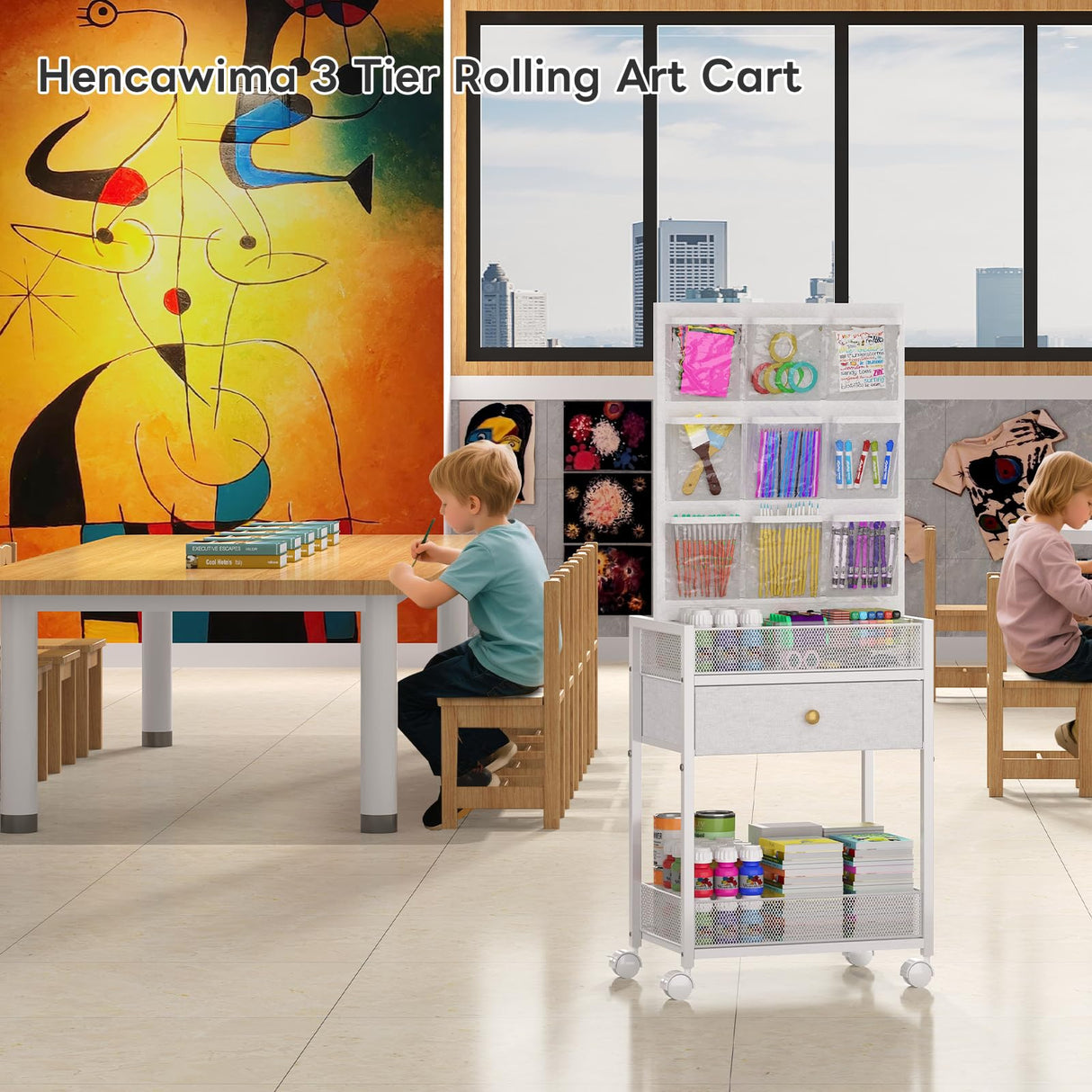 5-Tier Craft Rolling Cart, Craft Organizers and Storage with 18-Pocket, Utility Cart with Drawer & Lockable Wheels, Art & Craft Supply Organizer for Kids' & Adults'Studio, Bedroom (White) Hencawima