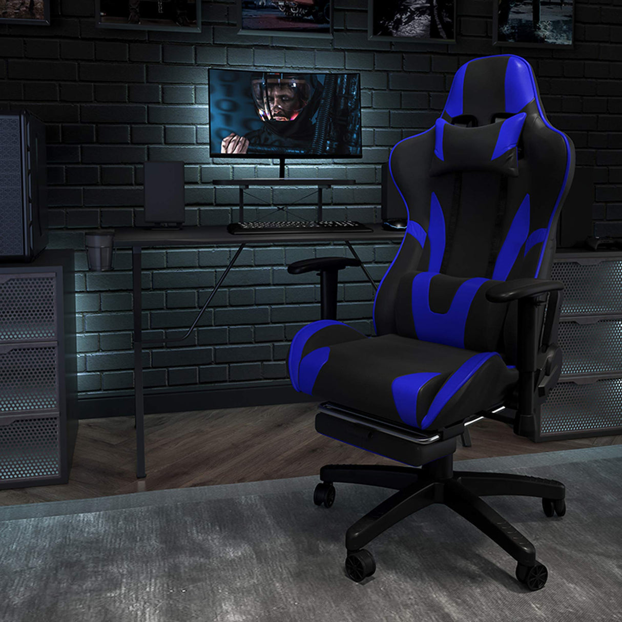 Flash Furniture X20 Gaming Chair Racing Office Ergonomic Computer PC Adjustable Swivel Chair with Fully Reclining Back in Blue LeatherSoft Flash Furniture