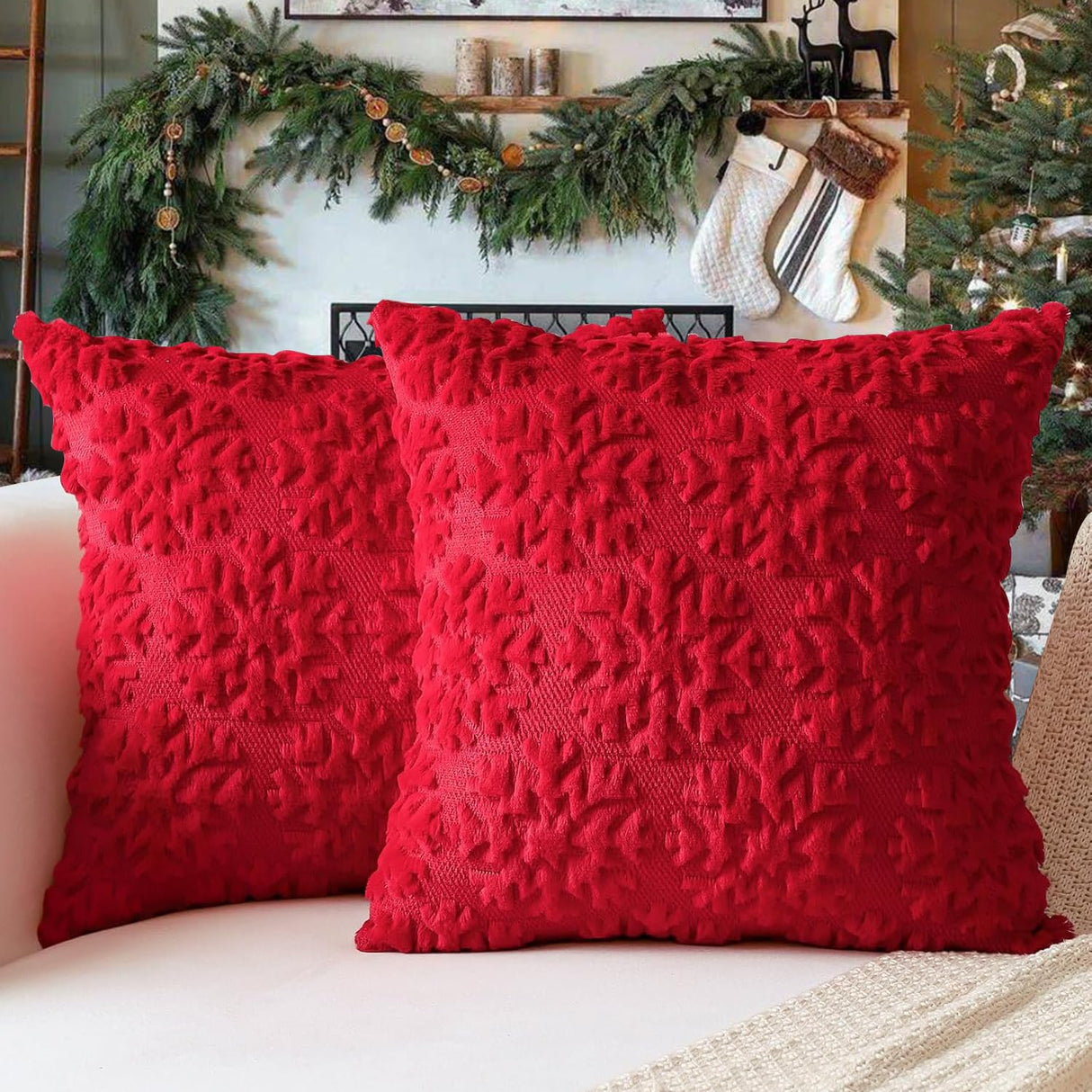 Christmas Pillow Covers 18'' x 18'' Set of 2, Soft Faux Rabbit Fur 3D Embroidery Snowflakes Throw Pillow Covers For Holiday Christmas Decor Sofa, Couch, Party, Invisible Zipper, Skin-Friendly TOYPOPOR