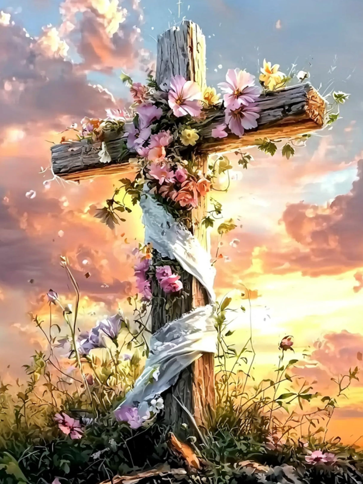 Cross Diamond Art Kits for Adults, Flowers Diamond Painting Kits for Beginners, 5D DIY Sunset Full Drill Round Diamond Painting Gem Art for Adults, Home Wall Decor 12 x 16 Inch Generic