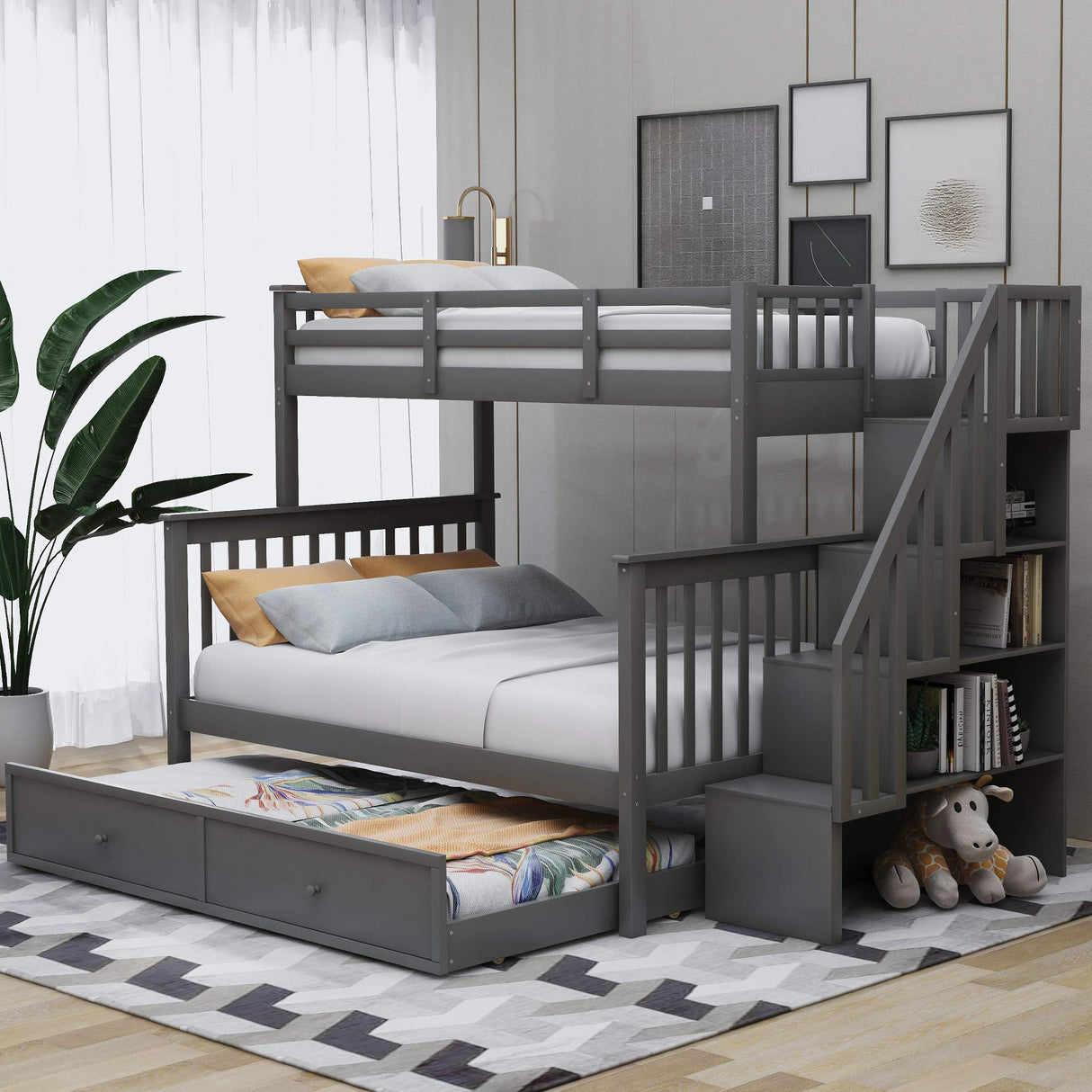 MERITLINE Twin Over Full Bunk Bed with Twin Size Trundle, Wooden Bunk Bed with Stairway, Storage and Guard Rail for Kids, Adults (Gray) MERITLINE