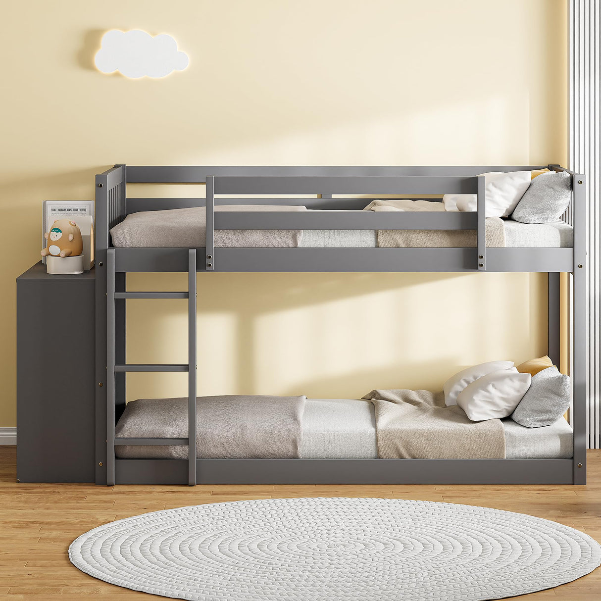 Harper & Bright Designs Twin Over Twin Low Bunk Bed with Storage,Floor Bunk Bed Frame with 4 Drawers and 3 Shelves, Solid Wood Loft Bed for Kids Girls Boys - Gray Harper & Bright Designs