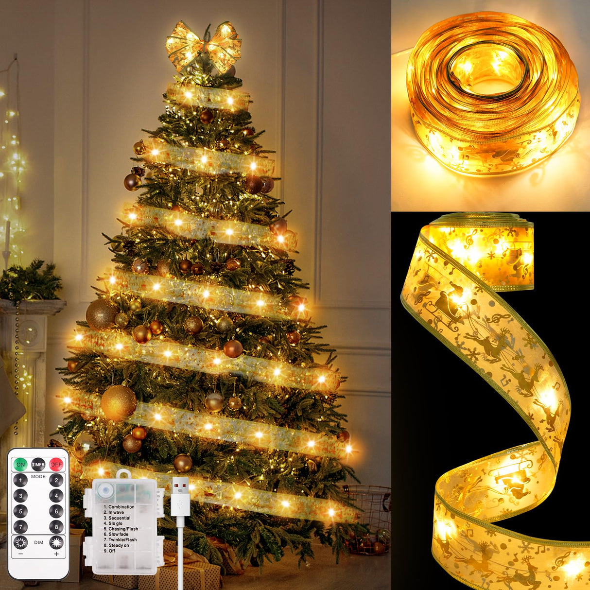 KPROE Christmas Tree Decorations, 32Ft 100 LED Christmas Tree Copper Wire Ribbon Bows Lights with 8 Lighting Modes, Battery Operated & USB Powered Fairy String Lights with Timer for Xmas Tree Decor KPROE