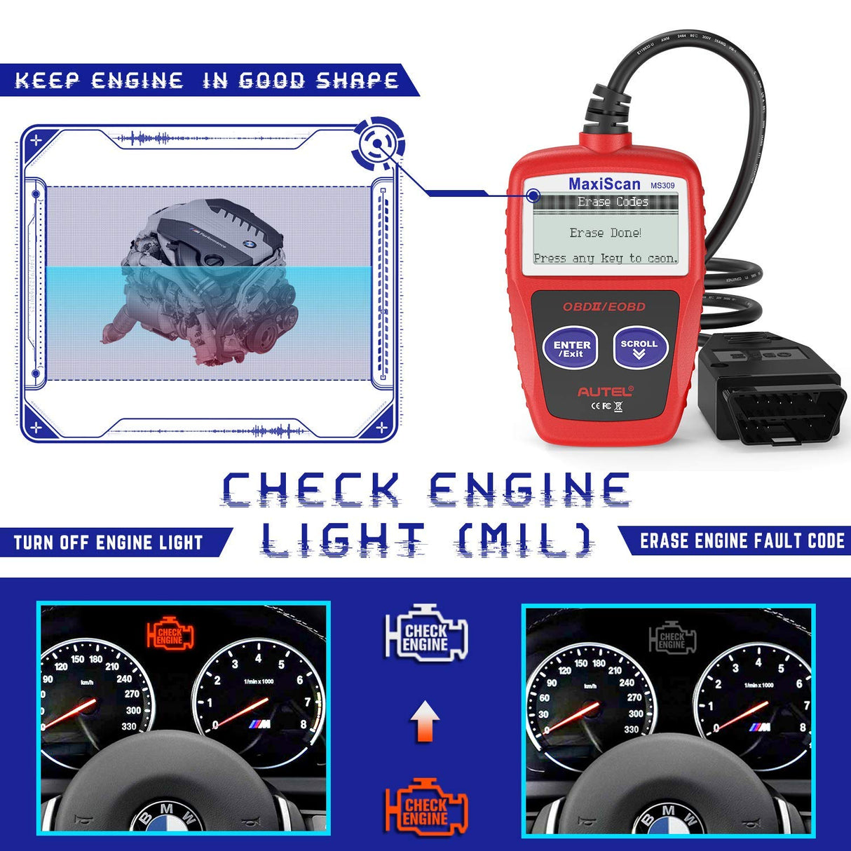 Autel OBD2 Scanner MS309 Universal Car Engine Fault Code Reader, Check Engine Light and Emission Monitor Status, OBDII CAN Diagnostic Scan Tool Autel