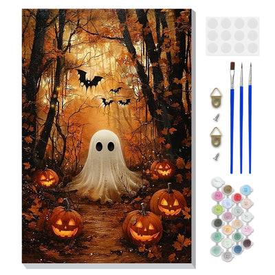 DOMROM Framed Paint by Numbers Kit for Adults Beginners with Wooden Easel, Halloween Ghost and Pumpkin Paint by Number Kit on Canvas, DIY Oil Painting Kits for Home Wall Decor Gift 8x12in