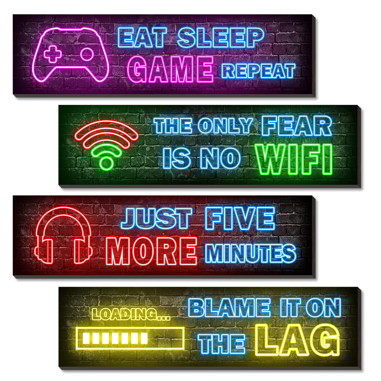 4 Pcs Printed Neon Gaming Posters, Teen Boys Room Decorations, gamer wall art Decor for bedroom Wooden Simimi art