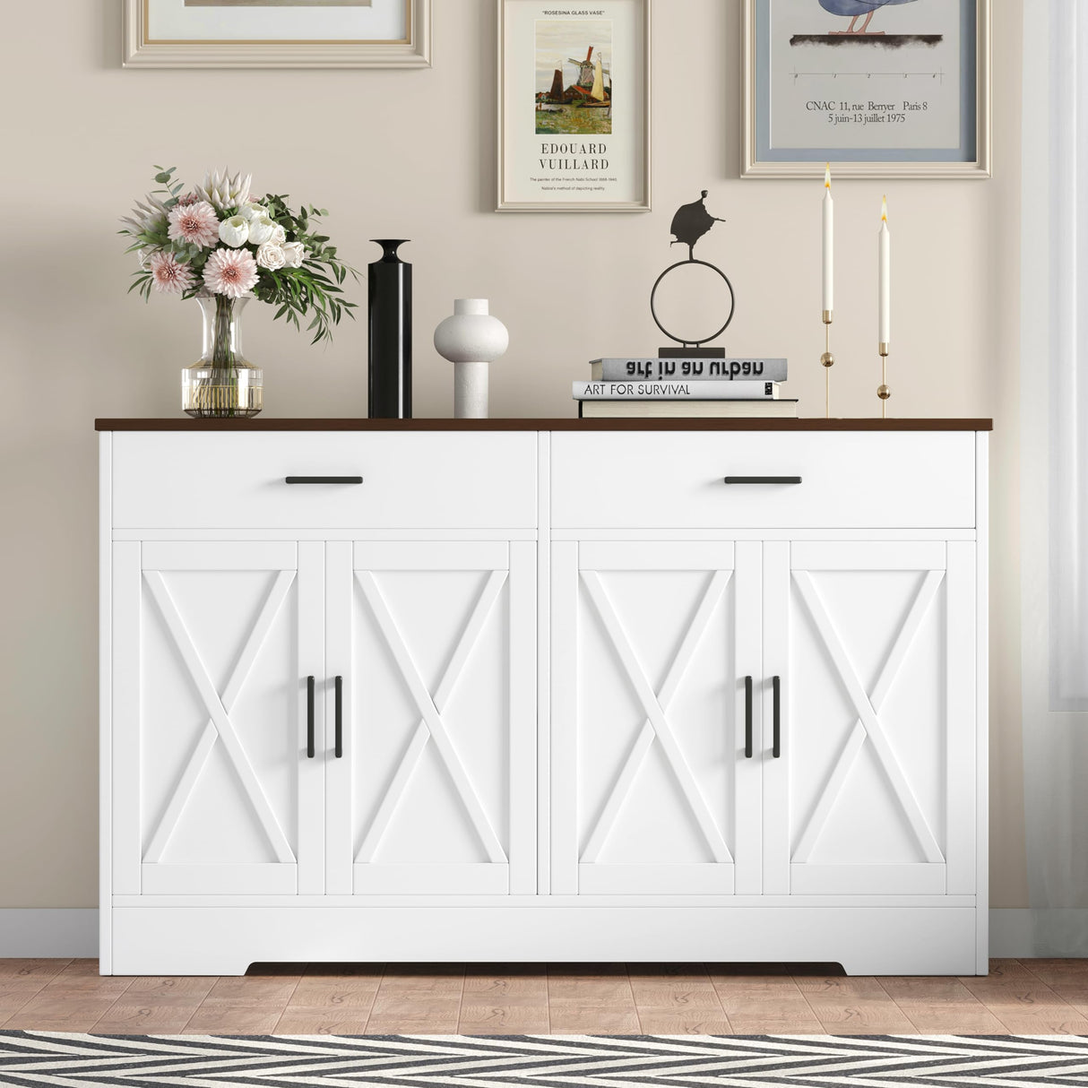 Rovaurx Farmhouse Sideboard Buffet Cabinet with Storage, Kitchen Storage Cabinet with 2 Drawers & 4 Barn Doors, Wooden Coffee Bar Cabinet Console Table for Kitchen, Dining Room, White KBG003W Rovaurx