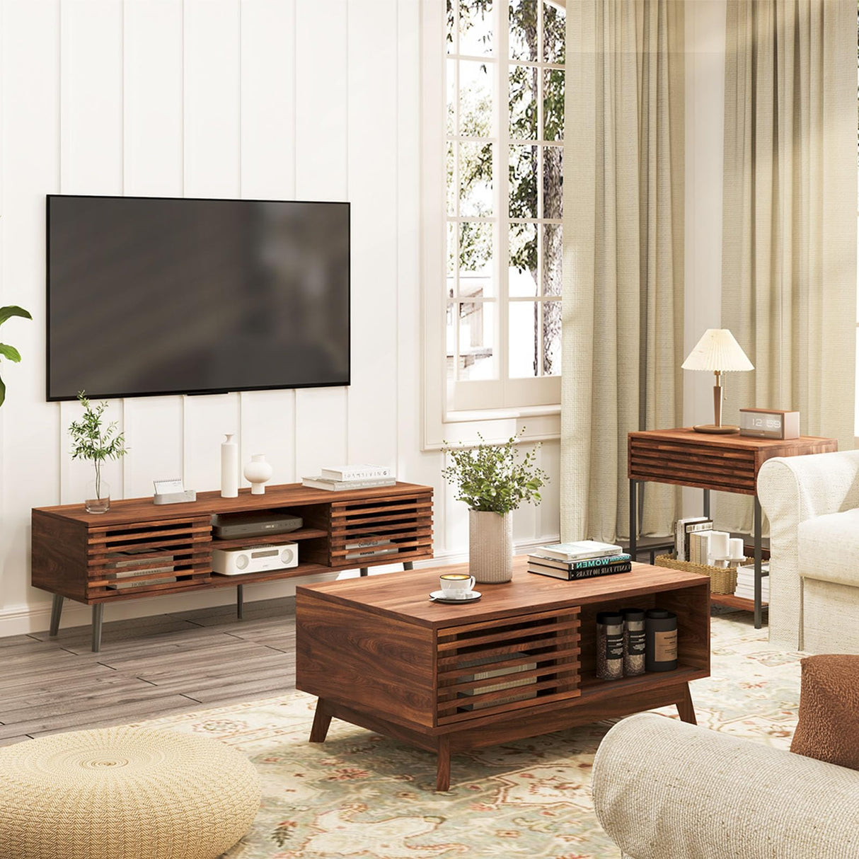 HAIOOU Coffee Table, Mid Century Modern Coffee Table with Storage, Lift Top Coffee Table for Living Room with Sliding Fence Door, 35.4'' Rectangular Fluted Coffee Table (Walnut Brown) HAIOOU