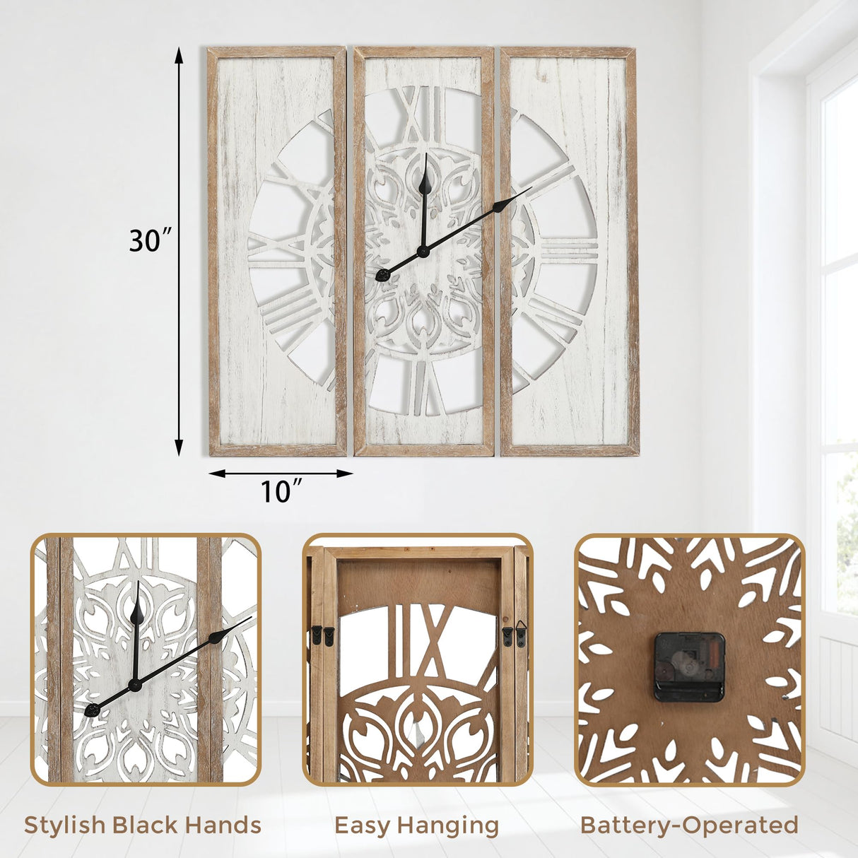 RiteSune Rustic 30" Wall Clocks for Living Room Decor, Oversized Farmhouse Wall Clock Battery Operated, Triptych Panel Wooden Large Clock Wall Art for Bedroom Entryway RiteSune