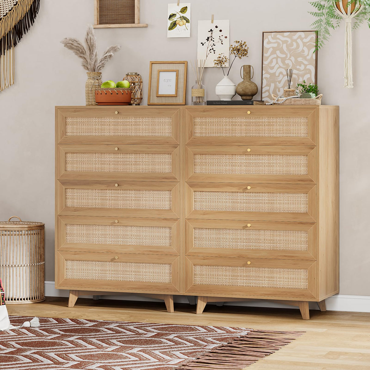 VIAGDO Rattan Dresser for Bedroom, 5 Drawer Dresser with Natural Rattan Drawers, Wooden Tall Dresser with Gold Handles, Modern Closet Dressers Chest of Drawers for Nursery Entryway Living Room VIAGDO