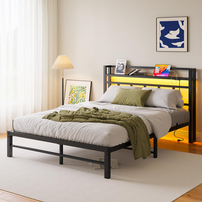 Maliacife Full Size Bed Frame with USB Charging Station, LED Bed with Wood Storage Headboard, Black Metal Platform Bed,Heavy Duty Steel Slats Support,No Box Spring Needed, Noise Free,Easy Assembly