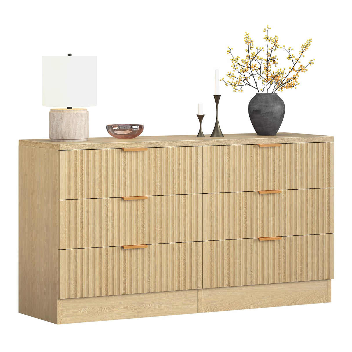 DWVO 6-Drawer Dressers, Chest of Drawers with Fluted Panel, Wide Versatile Storage Dresser Organizer for Living Room, Kitchen and Office, Natural DWVO