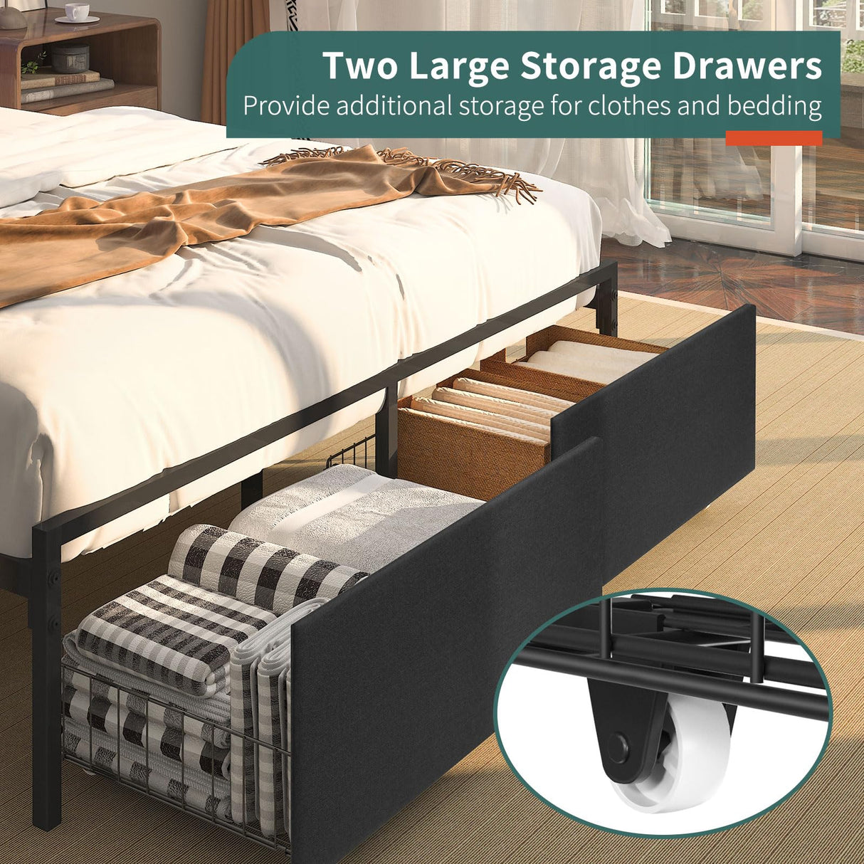 Yoobure Black Queen Bed Frame with Headboard, LED Lights & Charging Station, Storage Drawers, No Box Spring Required Yoobure