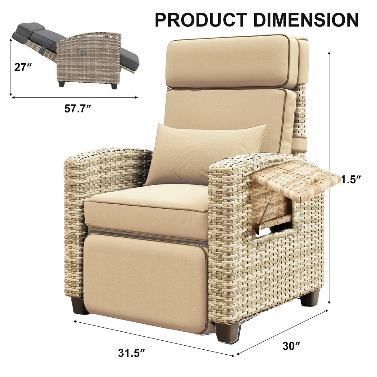 PeacefulHues Outdoor Rattan Recliner, Armrest Console Tray,Patio Lounge, Adjustable Backrest & Footrest 150Β° Lay Flat, Removable Cushion,Air Pump Chair,for Pool,Balcon,Veranda,Porch,Terrace,Yard PeacefulHues
