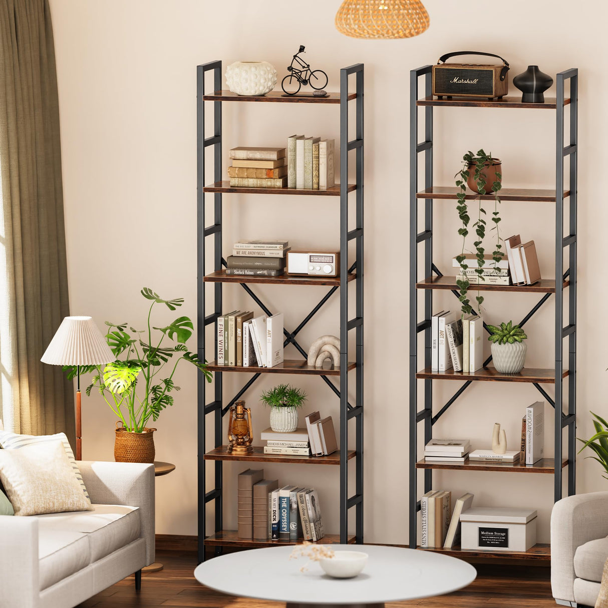 SUPERJARE Triple 6 Tier Bookshelf, Bookcase with 17 Open Display Shelves, Wide Book Shelf Book Case for Home & Office, Rustic Brown SUPERJARE