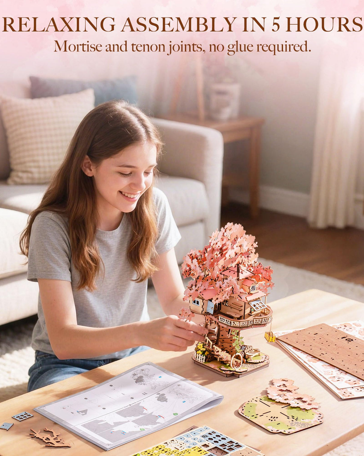 Rolife DIY Miniature House Kits Sakura Tree House 12" 3D Wooden Puzzles for Adults, Japanese Cherry Blossom Model Building Kit, Bonsai Craft Home Decor Gifts for Teens Family Rolife