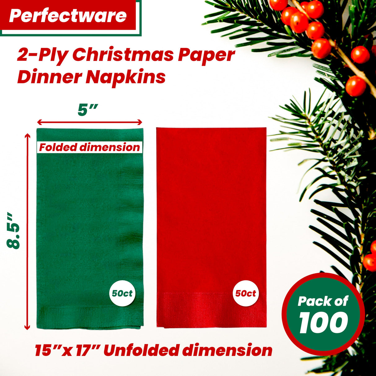 Perfectware 2PLY Christmas Paper Dinner Napkins. Pack of 100CT in Green and Red. 15 x 17 Paper Dinner Napkin Set Perfectware