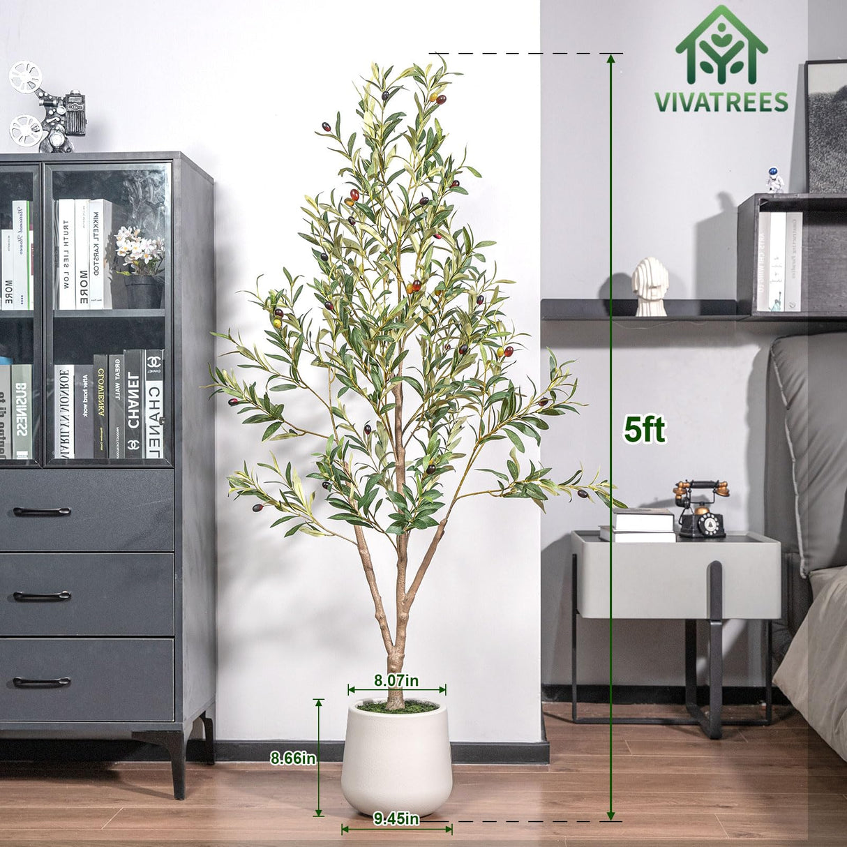 VIVATREES Artificial Olive Tree, 5FT Tall Faux Olive Tree with White Planter, Artificial Plants with Natural Wood Trunk and Lifelike Fruits for Home Office Decor VIVATREES