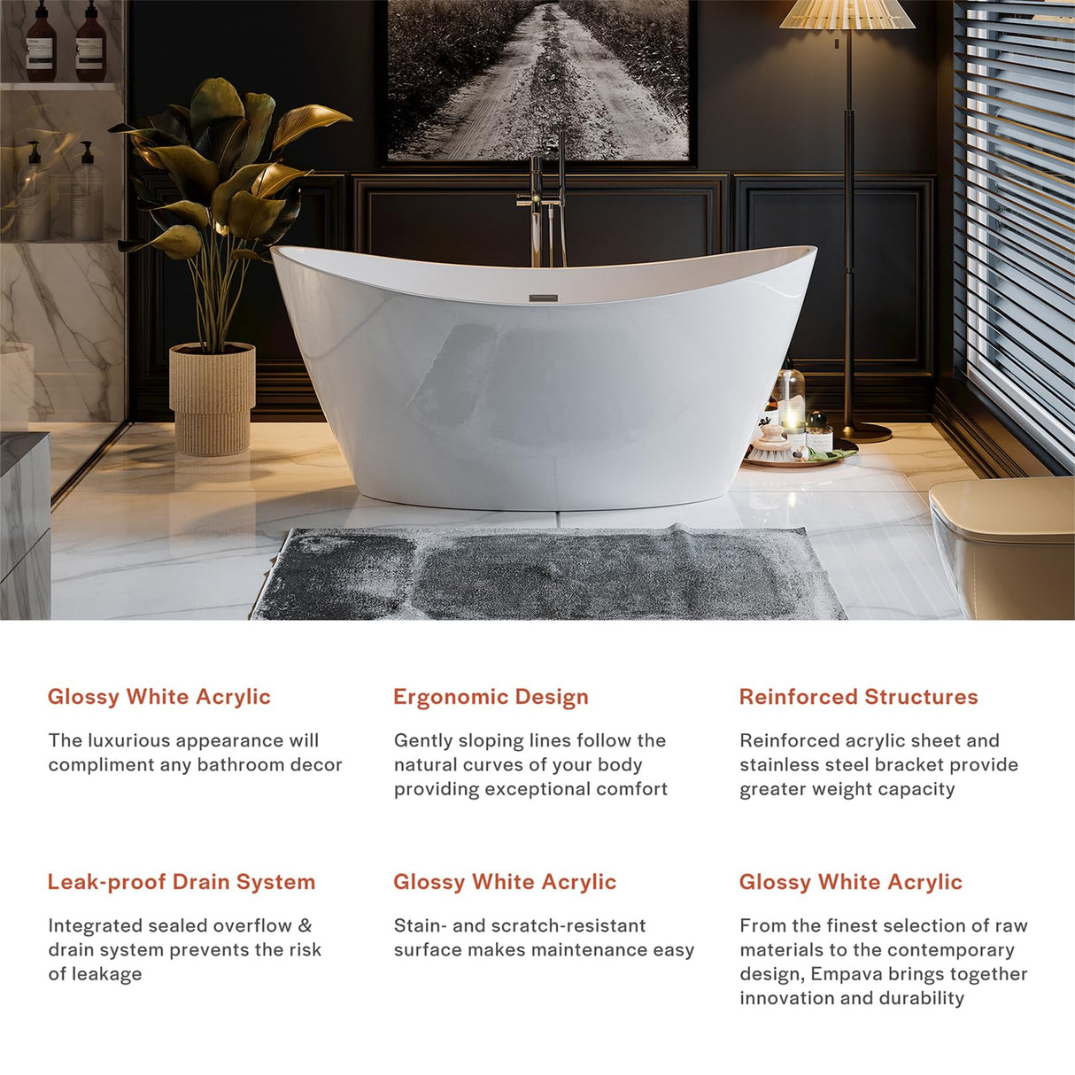 Empava 67" Acrylic Freestanding Bathtub Soaking SPA Tub Modern Stand Alone Bathtubs in White SA1518 Empava