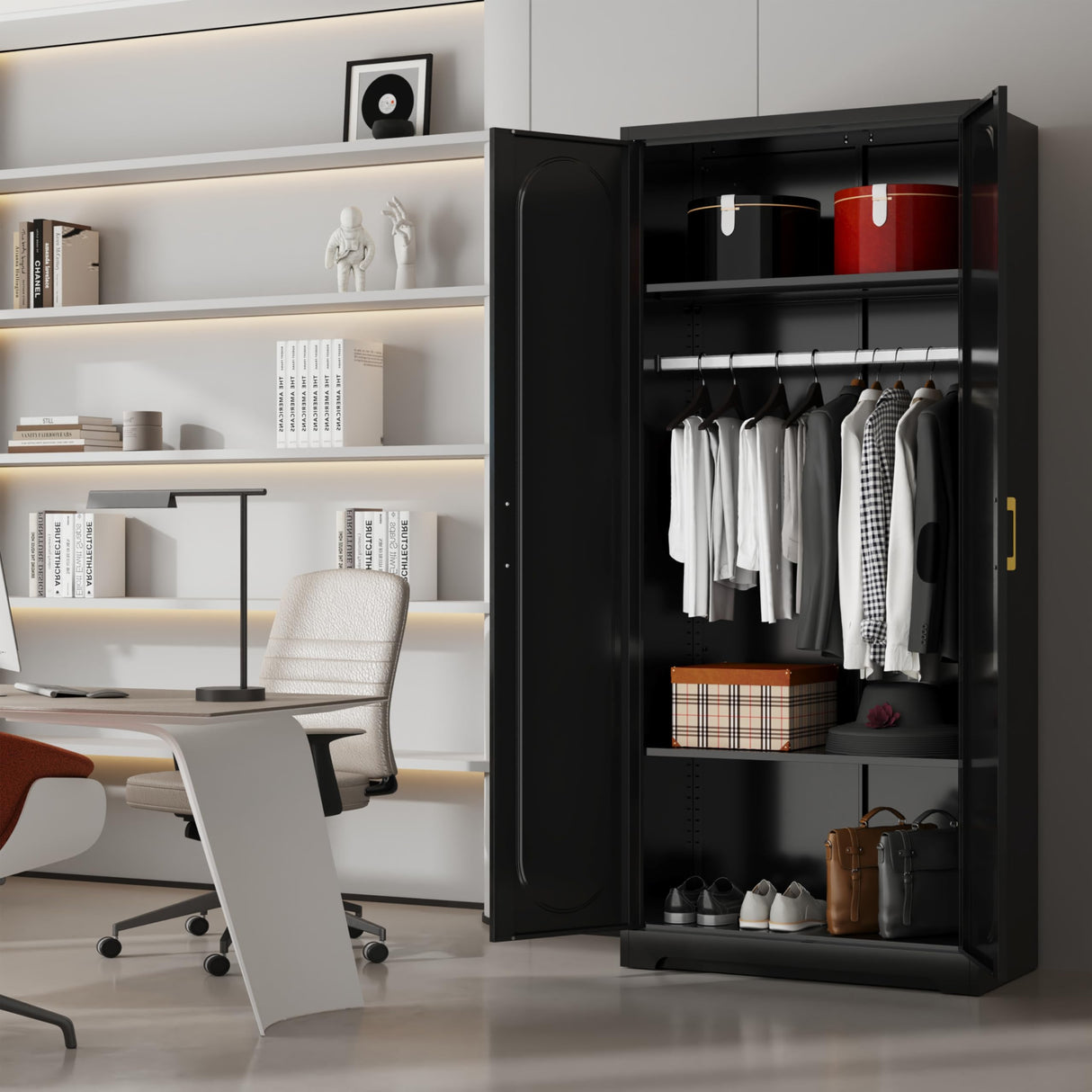 71" Tall Metal Storage Cabinet, Armoire Wardrobe Closet with Hanging Rod, Metal Clothing Storage Cabinets, Black Bedroom Armoires with Adjustable Shelves, Steel Closet Cabinet for Bathroom, Office MetalMax