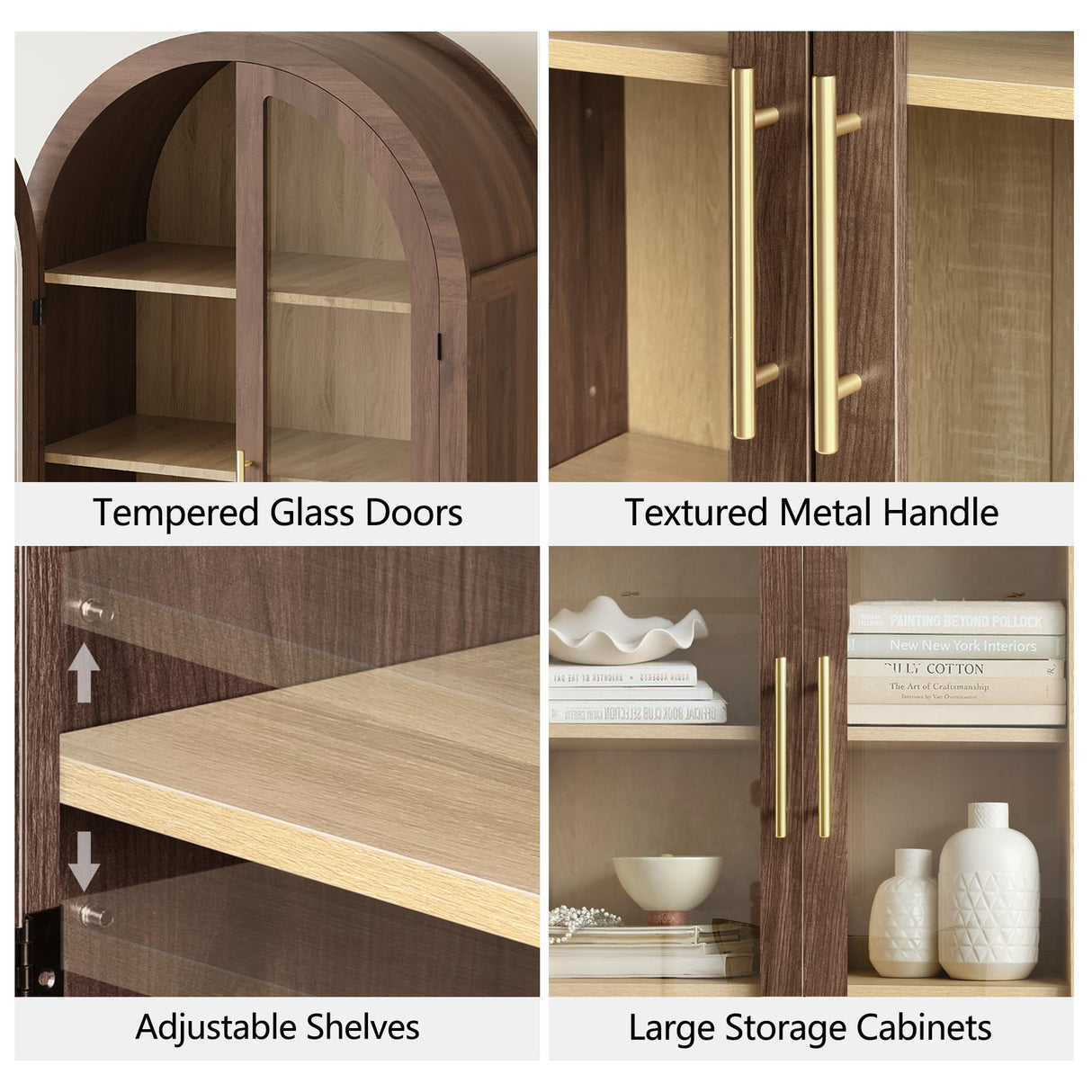 win2win Tall Arched Cabinet with Glass Doors, 68.9" Pantry Storage Cabinets with Fluted Doors & Adjustable Shelves, Mid Century Modern Wood Display Bookcase for Kitchen, Living Room, Bathroom, Walnut win2win