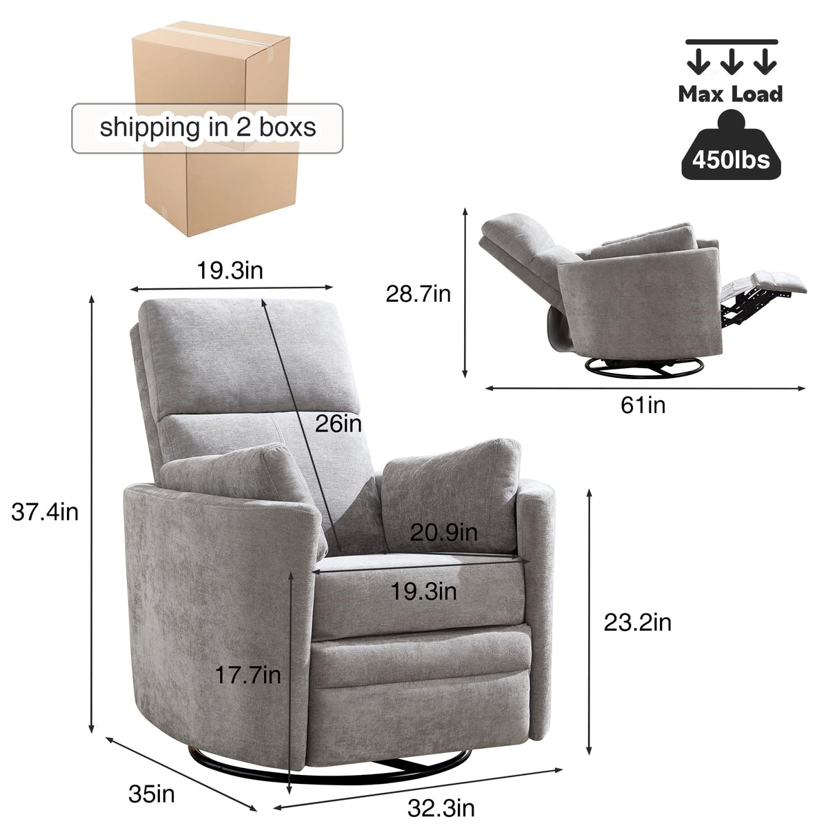 Recliner Swivel Rocking Glider Chair, Upholstered Nursery Adult Recliner Rocking Chair with 2 Pillows for Living Room Bedroom(LIGHTGREY, Manual Operation) choairy