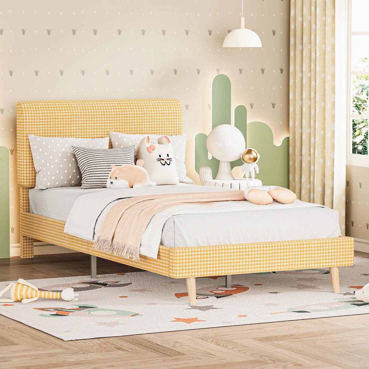 LIKIMIO Twin Size Bed Frame with Headboard, Fully Cotton Upholstered Foundation, Wooden Slats Support, Noise Free, No Box Spring Needed, Easy Assembly, Rustic Yellow and White Checkered LIKIMIO