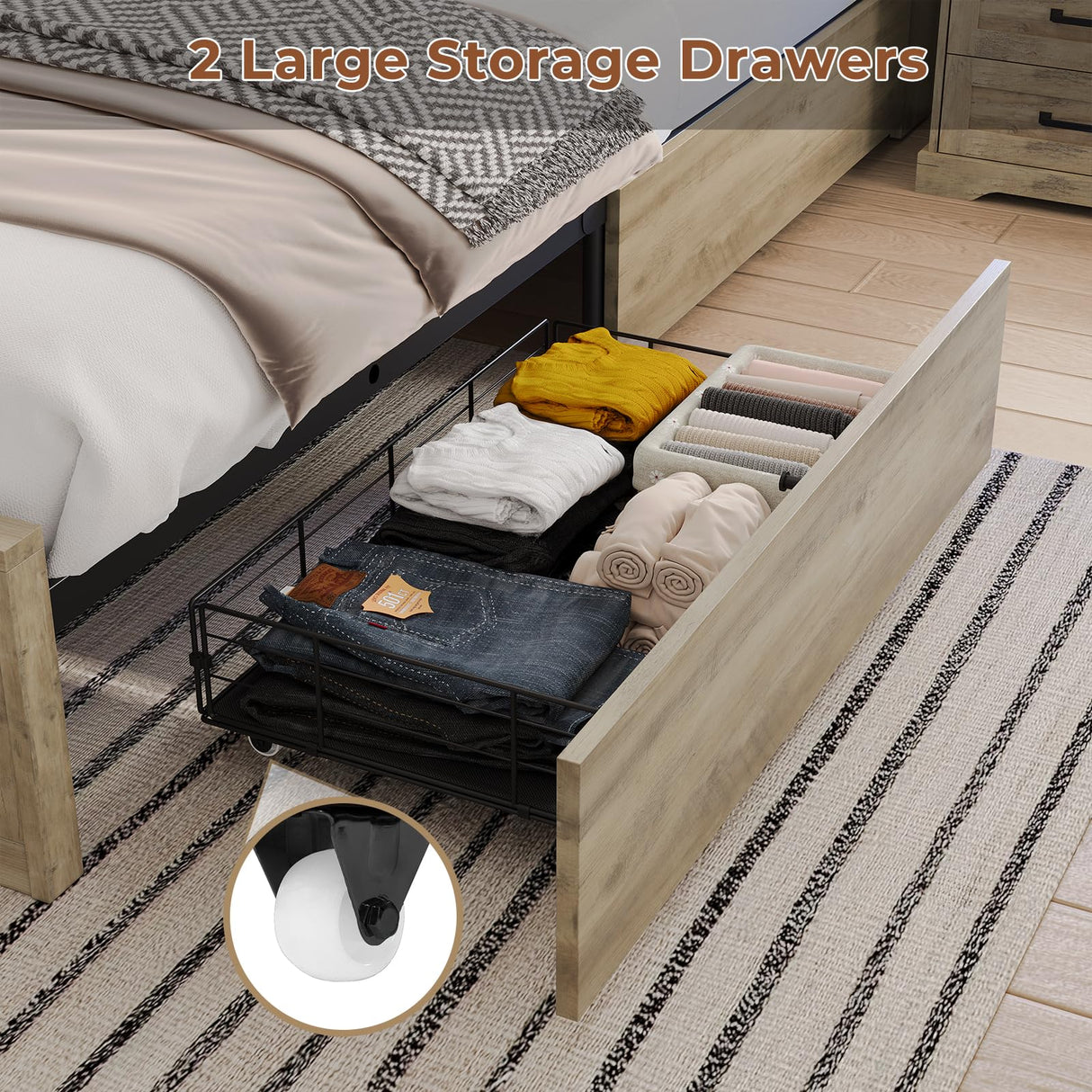 Hasuit Rustic Brown King Size Farmhouse Bed Frame with Bookcase Headboard, LED Lights, and Built-in Charging Station Hasuit