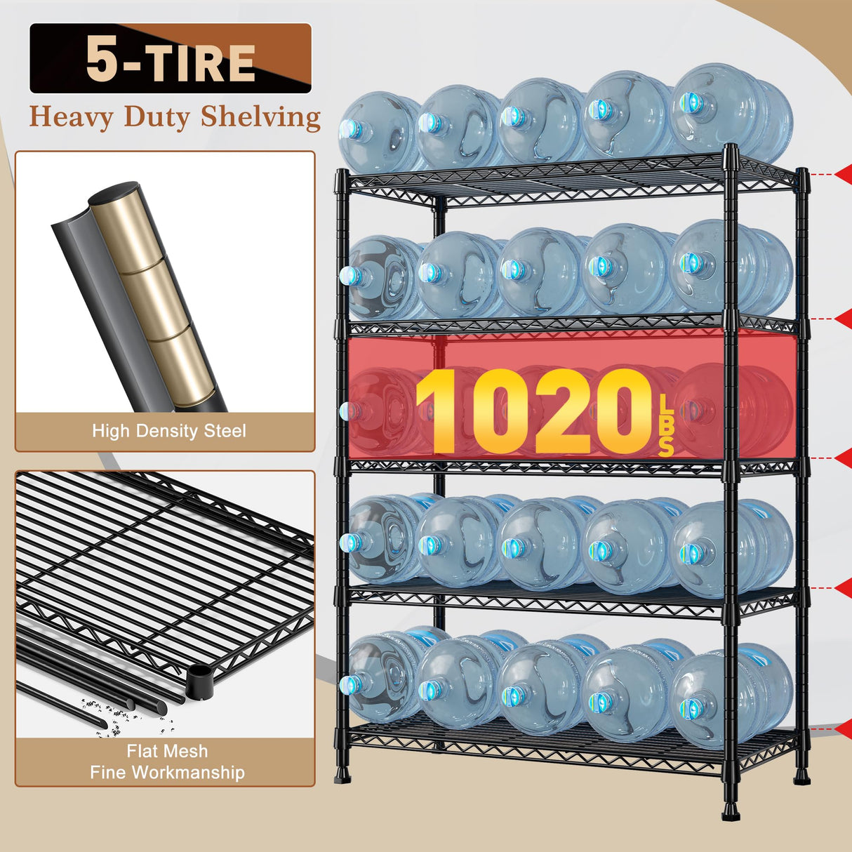 REIBII 5-Tier Wire Shelving Rack Storage Shelves Metal Shelves,1020 LBS Adjustable Heavy Duty Metal Shelving Units and Storage for Garage Pantry Bathroom 29" W X 14" D X 63" H REIBII