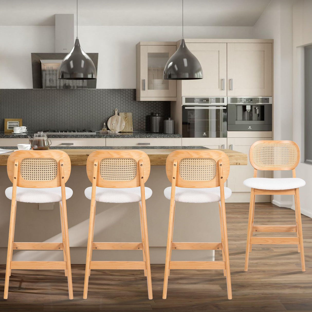 RUOVU Counter Height Bar Stools Set of 3, Rattan Barstools with Back and Natural Wood Frame, White Boucle Fabric Upholstered Bar Chairs, Mid Century Modern Farmhouse Counter Stool for Kitchen Island RUOVU