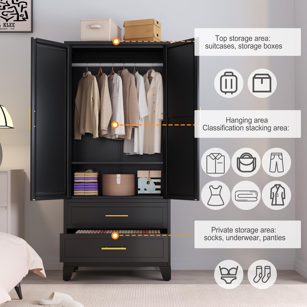 RIETERN Metal Armoire Wardrobe Closet, 71" Tall Bedroom Closet with Mirror, 2 Drawers, Adjustable Shelves, and Hanging Rod, Steel Clothes Closets and Storage, for Bedroom Black RISTERN