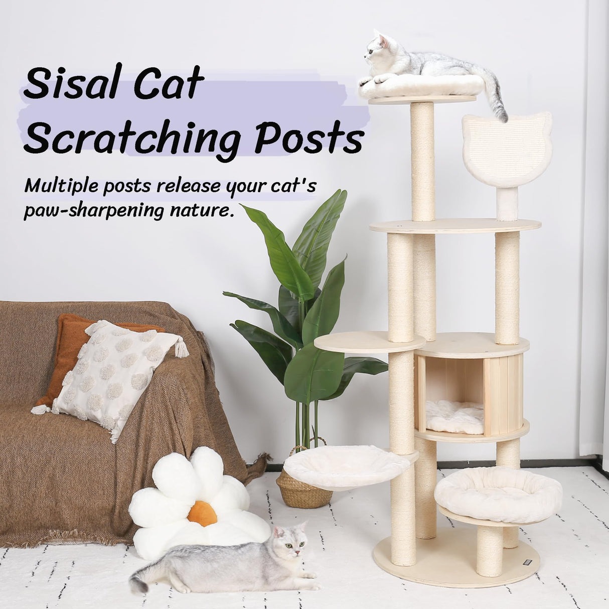 KAMABOKO 64" Tall Cat Tree - Wooden Cat Tree Tower with Cat Condo, Hammock & Top Perch, Modern Tall Cat Tree w/Natural Sisal Posts for Climb Scratch Play Rest KAMABOKO