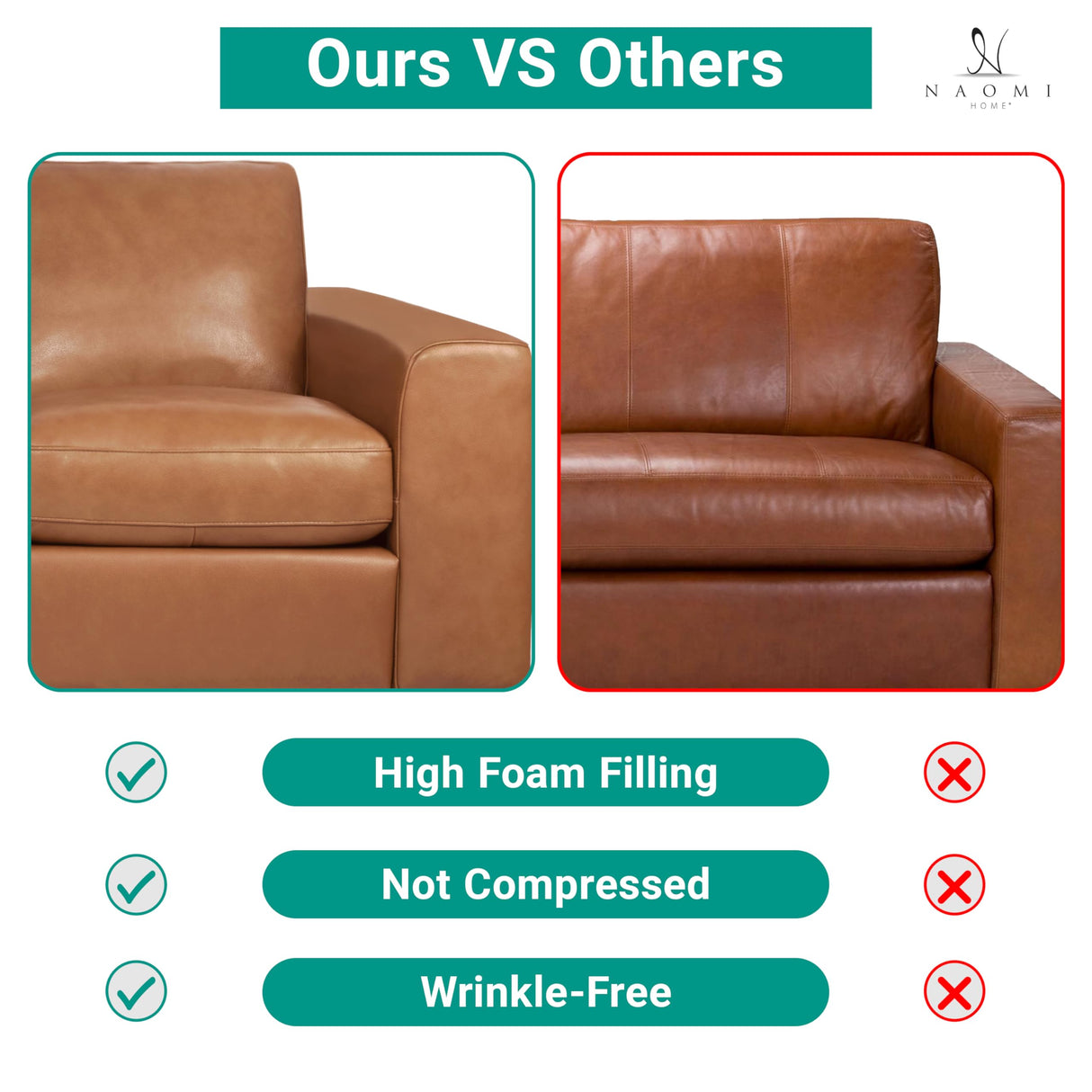 Naomi Home Freya Genuine Leather Sofa - Luxurious Comfort, Goose Feather Cushion Filling, Square Arm Design, Sturdy Block Legs, Elegant Tan - Ideal for Living Room, Office, or Bedroom Naomi Home