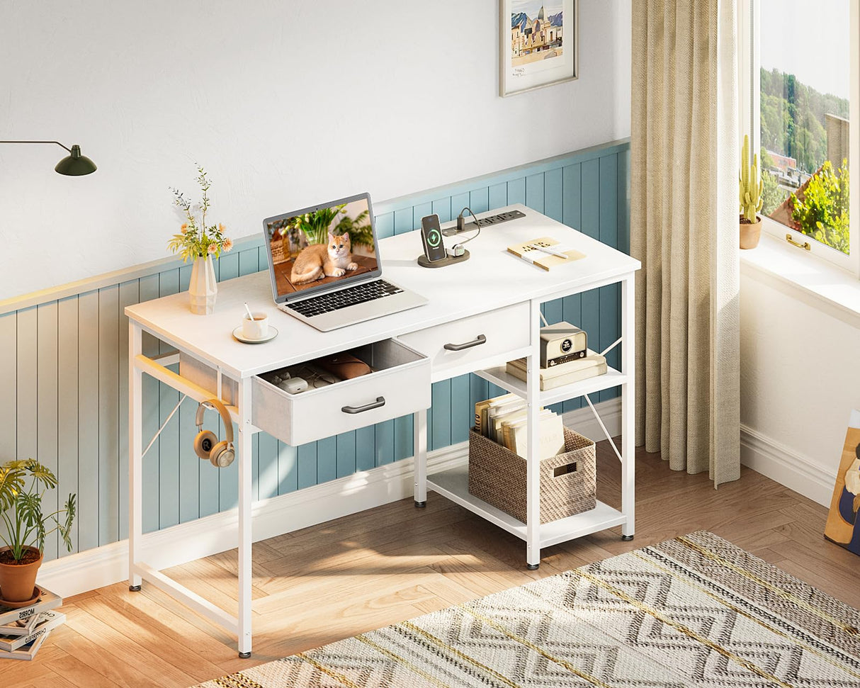 Coleshome Laptop Desk, 40 Inch Small Desk with Drawers & Power Outlet for Bedroom, Computer Desk Home Office Desk with Storage Shelves, Reversible Study Table Vanity Desk for Small Spaces, White Coleshome