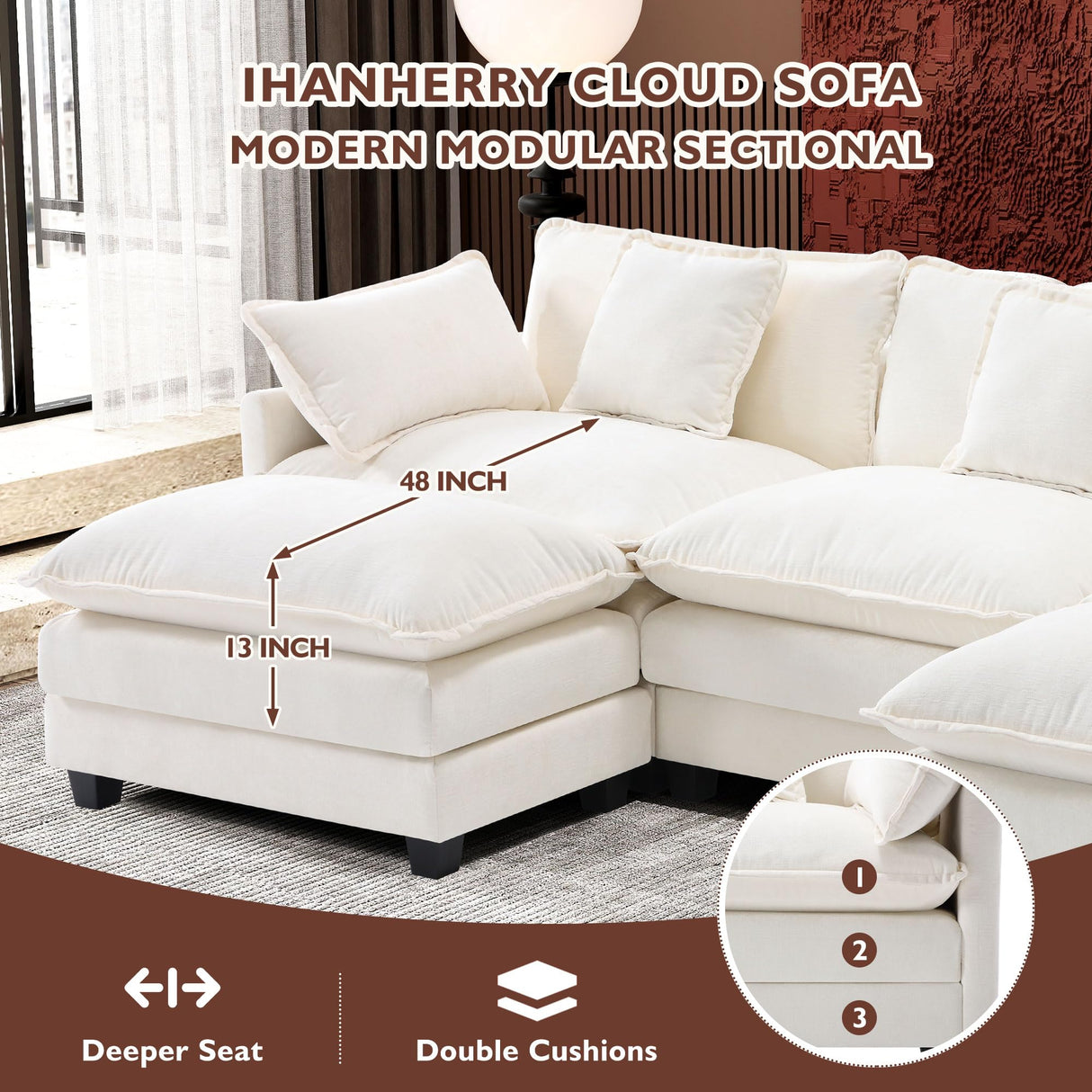Ihanherry 111.4" U Shaped Cloud Couch Modern Modular Sectional Sofa with 2 Ottoman, 5-Seat Chenille Deep Seat Sofa with 5 Pillows for Living Room, Bedroom and Apartment, Beige Ihanherry