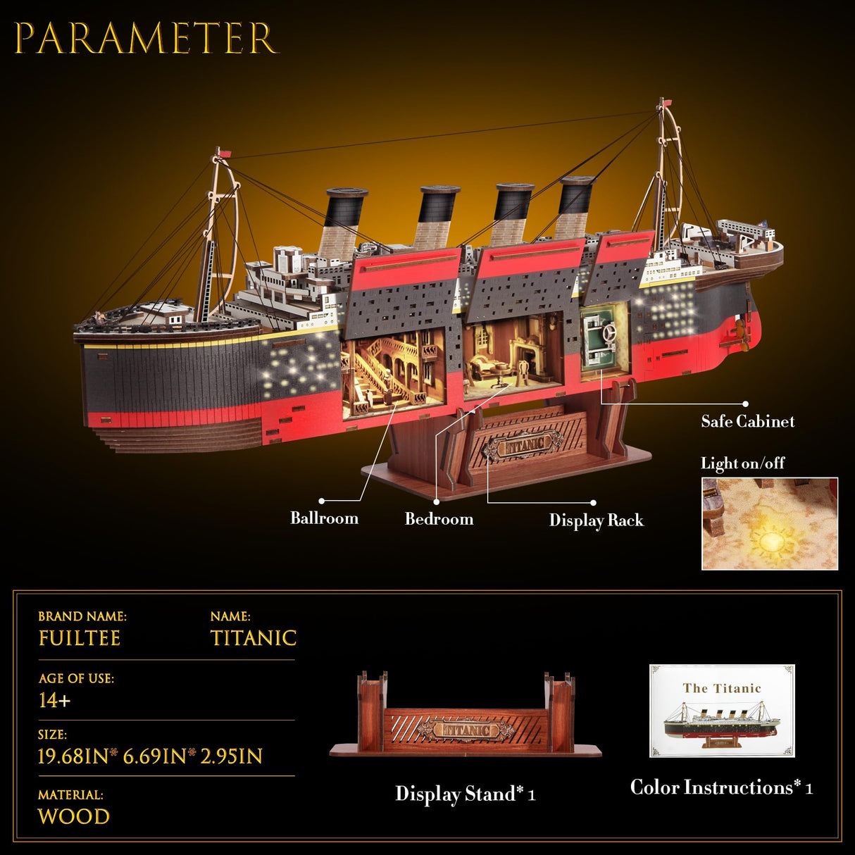 Titanic Model 3D Wooden Puzzles for Adults, Titanic Model Kit Set, Titanic Toys for Adults Teens with LED Light, Dance Hall, Lounge, Home Decor, Birthday, Christmas Fuiltee